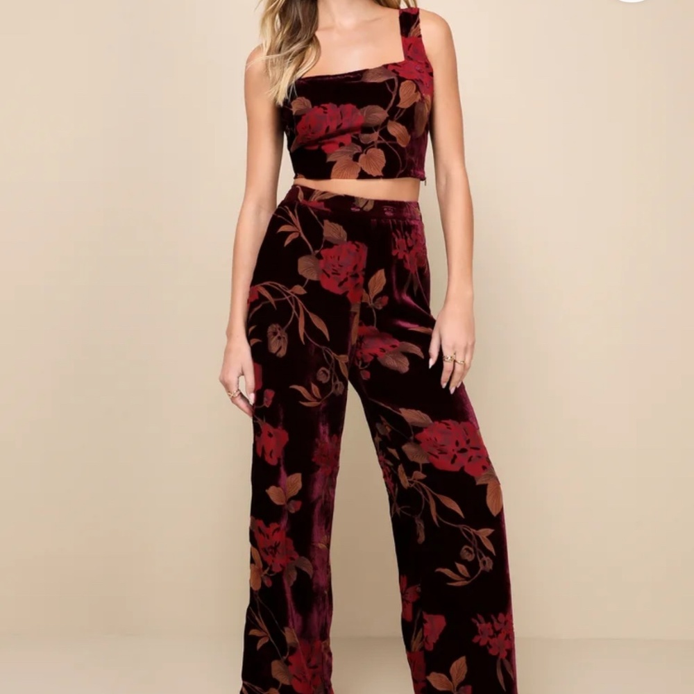 Lulu’s Only Tonight Plum Purple Floral Burnout Velvet Wide-Leg Jumpsuit